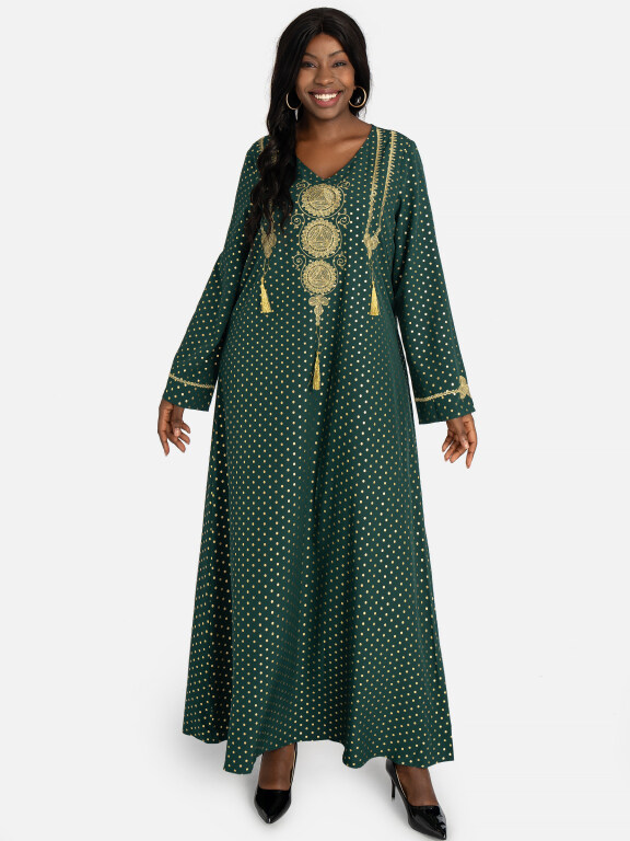 Women's Causal V Neck Long Sleeve Allover Print Muslim Islamic Maxi Dress, Clothing Wholesale Market -LIUHUA, Specialty, Other-Clothing