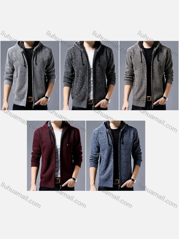 Wholesale Men's Casual Drawstring Long Sleeve Zip Hooded Sweater Knitted Jacket