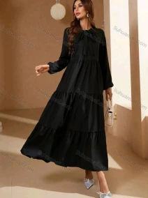 Wholesale Women's Casual Plain Tie Neck Long Sleeve Ruched Ruffle Hem Maxi Dress, LIUHUA CLOTHING WHOLESALE