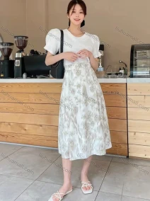 Wholesale Women's Casual Elastic Waist Floral Ruffle Hem Knee Length Skirt AY254#, LIUHUA CLOTHING WHOLESALE