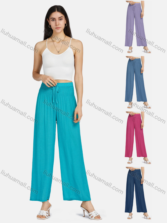 Wholesale Women's Casual Drawstring Shirred Plain Wide Leg Trouser