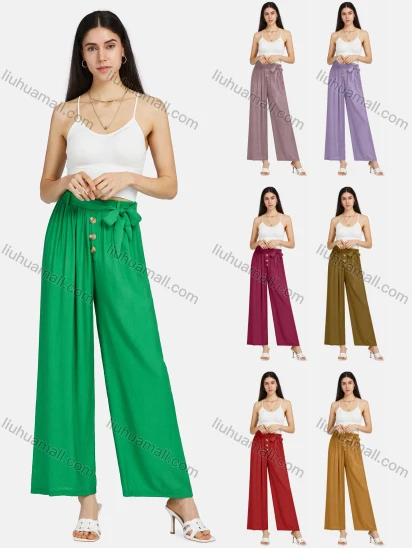 Wholesale Women's Lace Up Ruched Buttons Plain Wide Leg Casual Trouser 2204#