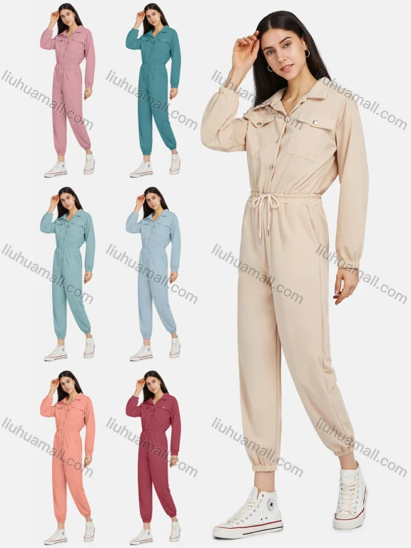 Wholesale Women's Lapel Long Sleeve Flap Pockets Buttons Drawstring Ankle-Tie Plain Jumpsuit 2206#