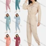 Wholesale Women's Lapel Long Sleeve Flap Pockets Buttons Drawstring Ankle-Tie Plain Jumpsuit 2206# preview