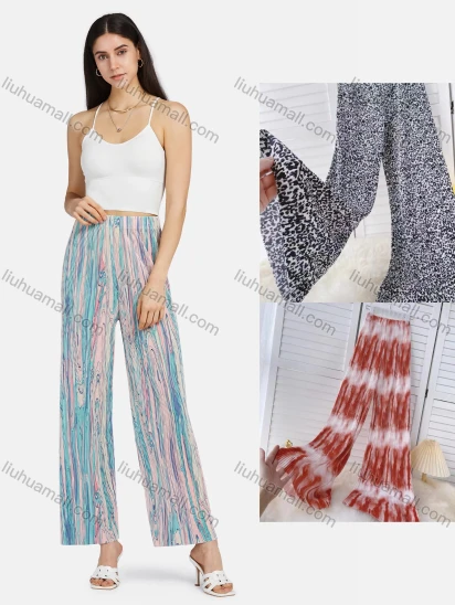 Wholesale Women's Pleated Digital Print Wide Leg Casual Trouser 2210#