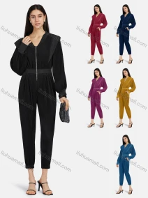 Wholesale Women's V Neck Lantern Sleeve Zipper Slim Waist Plain Casual Jumpsuit 2213#, LIUHUA CLOTHING WHOLESALE