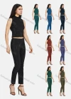 Wholesale Women's High-Neck Sleeveless Rhinestone Plain Blouse & Skinny Pants 2-Piece Set 2214# - Liuhuamall