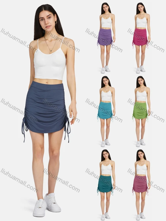 Wholesale Women's Casual Ruched Drawstring Side Plain Skirt 2227#