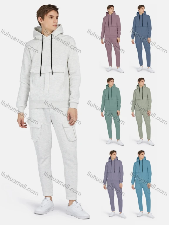 Wholesale Men's Casual Hooded Drawstring Long Sleeve Flap Pockets Plain Hoodies & Pants 2-Piece Set 2231#