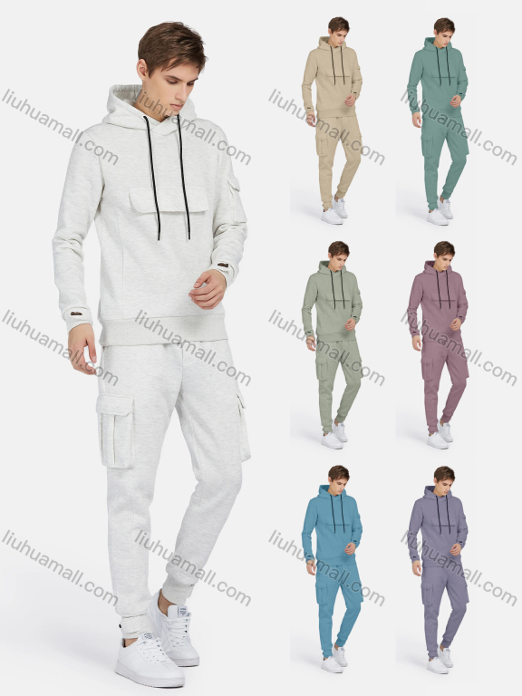 Wholesale Men's Casual Hooded Drawstring Flap Pockets Plain Hoodies & Ankle-Tie Pants 2-Piece Set 2232#