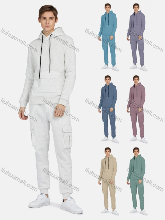 Wholesale Men's Hooded Drawstring Flap Pockets Plain Hoodies & Ankle-Tie Pants 2-Piece Set 2233#