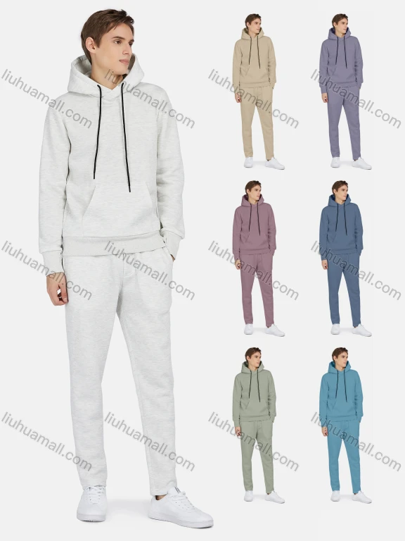 Wholesale Men's Hooded Drawstring Kangaroo Pocket Plain Hoodies & Pants 2-Piece Set 2234#