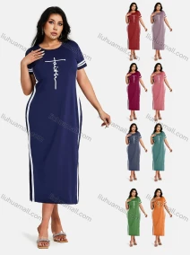 Wholesale Woman's Casual Round Neck Short Sleeve Side Slit Striped Letter Print Midi Dress, LIUHUA CLOTHING WHOLESALE