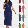 Wholesale Woman's Casual Round Neck Short Sleeve Side Slit Striped Letter Print Midi Dress preview