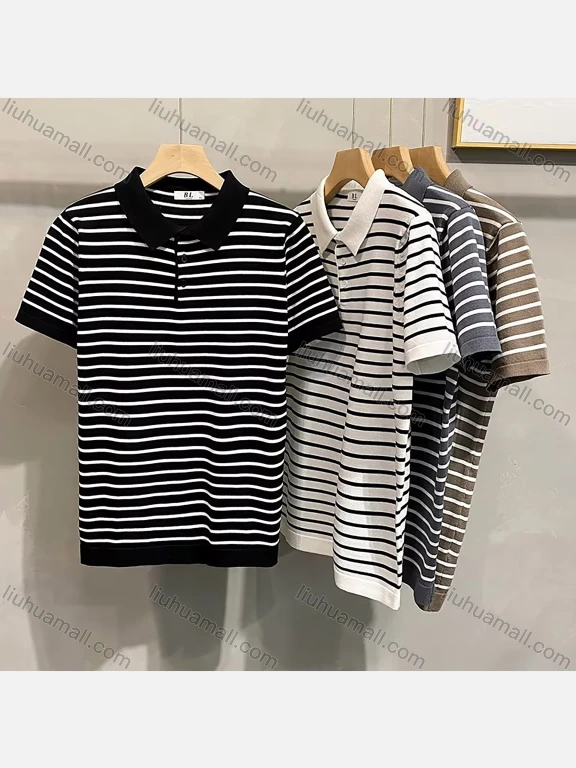 Wholesale Men's Casual Striped Short Sleeve Knit Slim Fit Polo Shirt