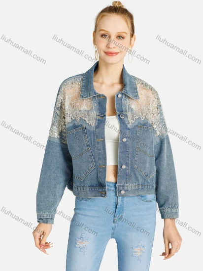 Wholesale Women's Fashion Sheer Lace Mesh Rhinestone Button Down Denim Jacket