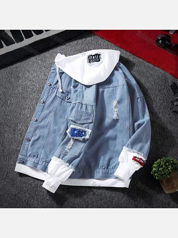 Wholesale Men's Casual Plain Label Frayed Raw Long Sleeve Button Down Hooded Denim Jacket