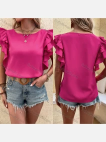 Wholesale Women's Casual Round Neck Cap Sleeve Ruffle Trim Plain Blouse B1218X#, LIUHUA CLOTHING WHOLESALE