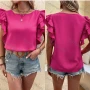 Wholesale Women's Casual Round Neck Cap Sleeve Ruffle Trim Plain Blouse B1218X# preview