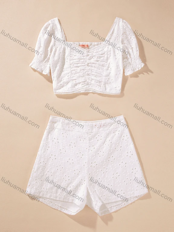 Wholesale Women's Casual Short Sleeve Ruched Crop Tops & Eyelet Embroidery Shorts 2 Piece Sets