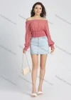 Wholesale Women's Chiffon Off Shoulder Plain Lantern Sleeve Shirred Swiss Dot Crop Blouse - Liuhuamall