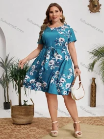 Wholesale Women's Scoop Neck Short Sleeve Floral Print Knee Length Dress With Belt A1309-1619#, LIUHUA CLOTHING WHOLESALE