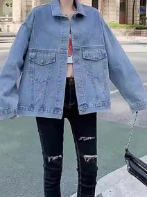 Wholesale Women's Fashion Long Sleeve Pearl Decor Patch Pocket Distressed Denim Jacket, LIUHUA CLOTHING WHOLESALE