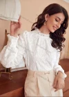 Wholesale Women's Retro Ruffle Neck Lantern Sleeve Ruffle Trim Floral Embroidery Keyhole Back Plain Blouse AY206# - Liuhuamall