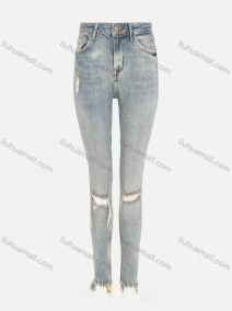 Wholesale Woman's Casual Plain Pockets Ripped Frayed Raw Hem Distressed Skinny Jeans, LIUHUA CLOTHING WHOLESALE