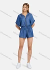 Wholesale Women's Casual Plain Hooded Rolled Sleeve Ruched Zipper Drawstring Denim Romper - Liuhuamall