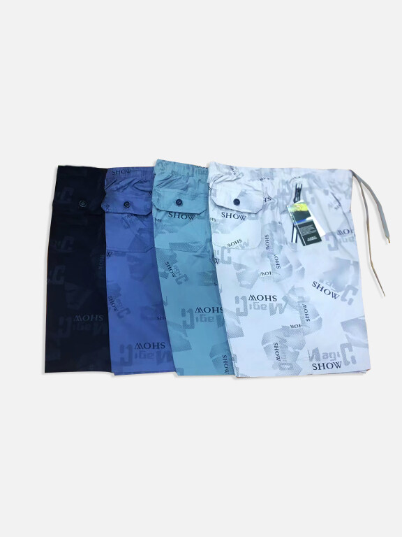 Men's Allover Letter Print Drawstring Zipper Flap Pockets Casual Shorts 571#, Clothing Wholesale Market -LIUHUA, MEN, Pants-Trousers