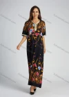 Wholesale Women's Vintage Print Embroidered Trims Maxi With Scarf - Liuhuamall