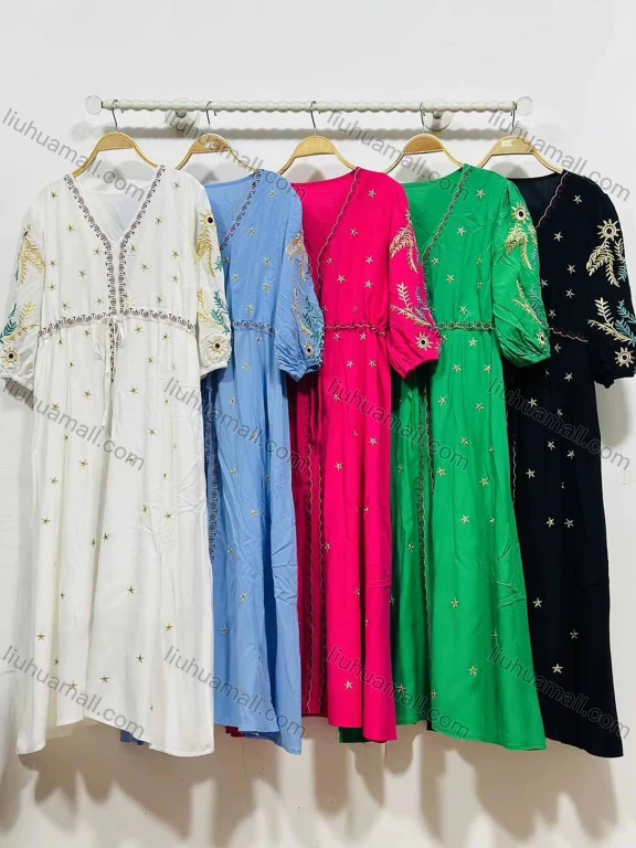 Wholesale Women's African Vintage V Neck Robe Star Print Embroidery Lace Up Kaftan Dress