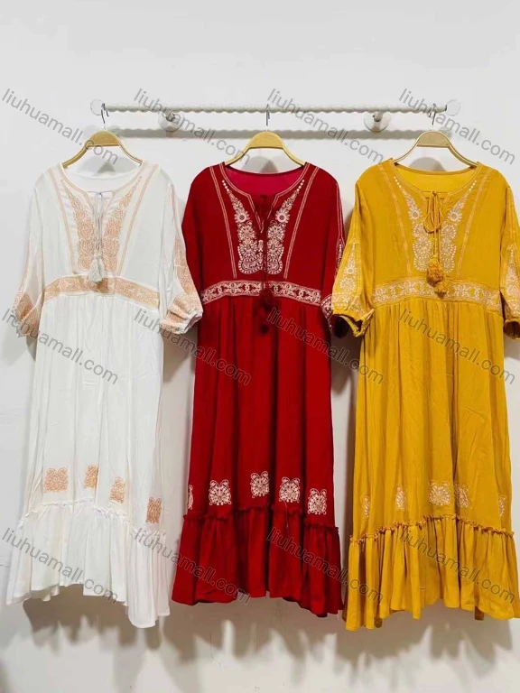 Wholesale Women's African Vintage V Neck Robe Lace Up Floral Embroidery Kaftan Dress