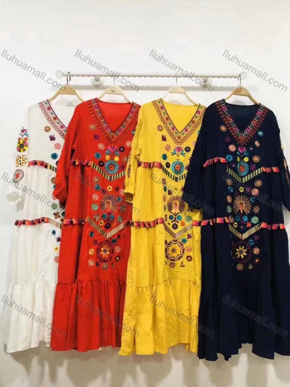 Wholesale Women's African Vintage V Neck Robe Floral Embroidery Kaftan Dress