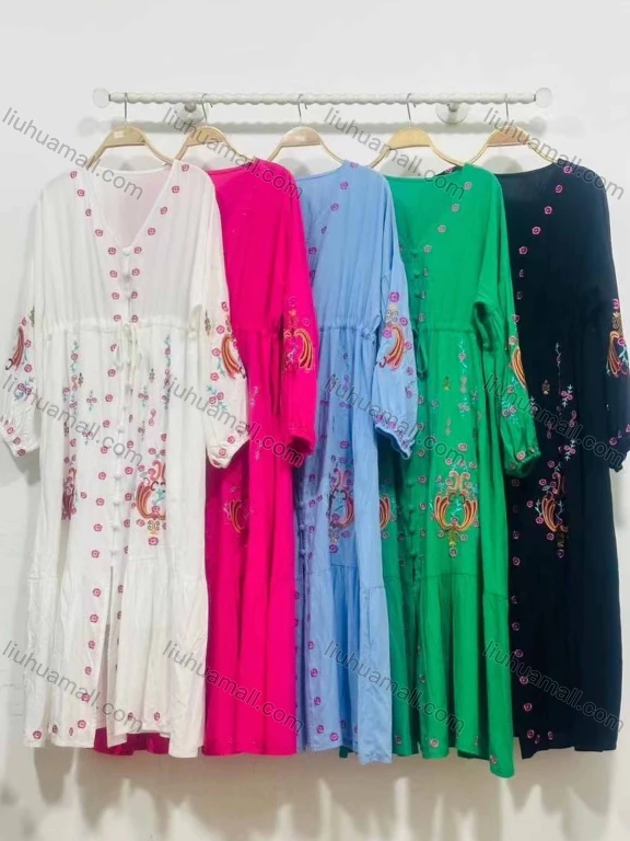 Wholesale Women's African Vintage V Neck Robe Floral Embroidery Lace Up Kaftan Dress