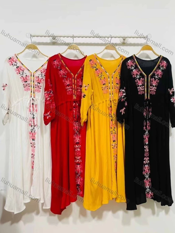 Wholesale Women's African Vintage V Neck Robe Floral Embroidery Lace Up Kaftan Dress