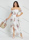 Wholesale Women's Vacation Chiffon Off Shoulder Floral Print Slit Hem Shirred Maxi Dress - Liuhuamall
