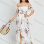 Wholesale Women's Vacation Chiffon Off Shoulder Floral Print Slit Hem Shirred Maxi Dress preview