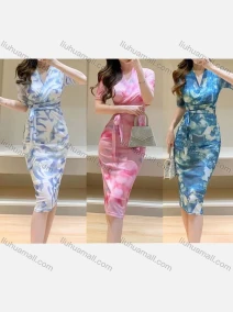 Wholesale Women's Glamorous V Neck Short Sleeve Lace Up Wrap Ruched Dress 6938#, LIUHUA CLOTHING WHOLESALE