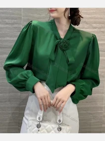 Wholesale Women's Casual Tie Neck Puff Sleeve Bow Knot 3D Floral French Shirt, LIUHUA CLOTHING WHOLESALE