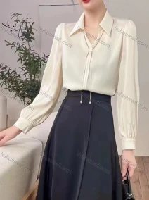 Wholesale Women's Casual Collared Neck Puff Sleeve Plain Satin French Shirt, LIUHUA CLOTHING WHOLESALE