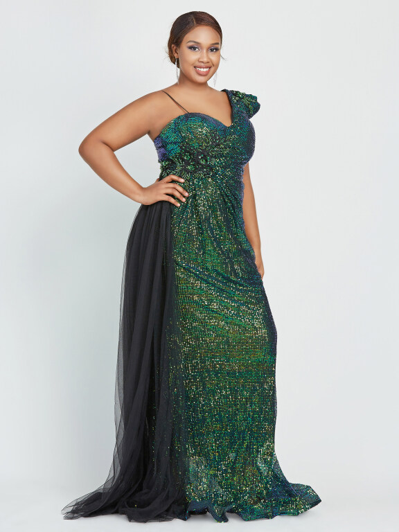 Women's Elegant One Shoulder V-Neck Gradient Sequin Lace Mermaid Floor Length Evening Dress, Clothing Wholesale Market -LIUHUA, 