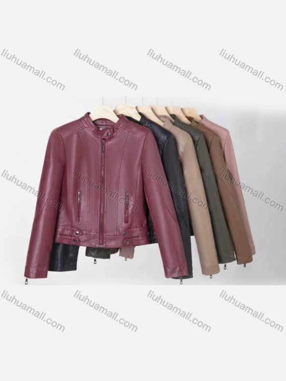 Wholesale Women's Casual Stand Collar Long Sleeve Zipper Plain Leather Biker Jacket