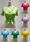 Wholesale Women's Casual Plain V Neck Short Sleeve Ruffle Trim Crop Top 8242# - Liuhuamall