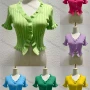 Wholesale Women's Casual Plain V Neck Short Sleeve Ruffle Trim Crop Top 8242# preview