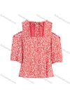 Wholesale Women's Summer Tie Neck Cold Shoulder Ditsy Floral Print Flounce Sleeve Blouse - Liuhuamall