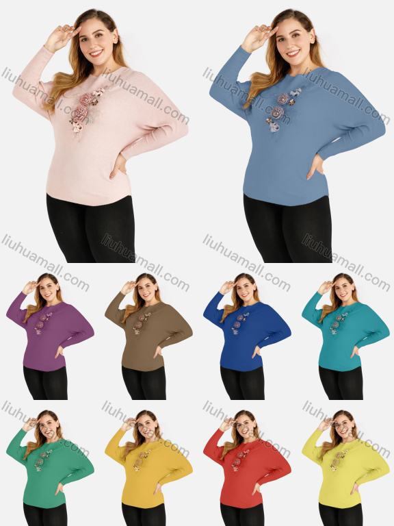 Wholesale Women's Lace 3D Floral Appliques Round Neck Long Sleeve Pullover Knit Top