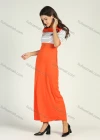 Wholesale Women's Crew Neck Half Sleeve Rhinestone Embroidery Striped Maxi Dress - Liuhuamall
