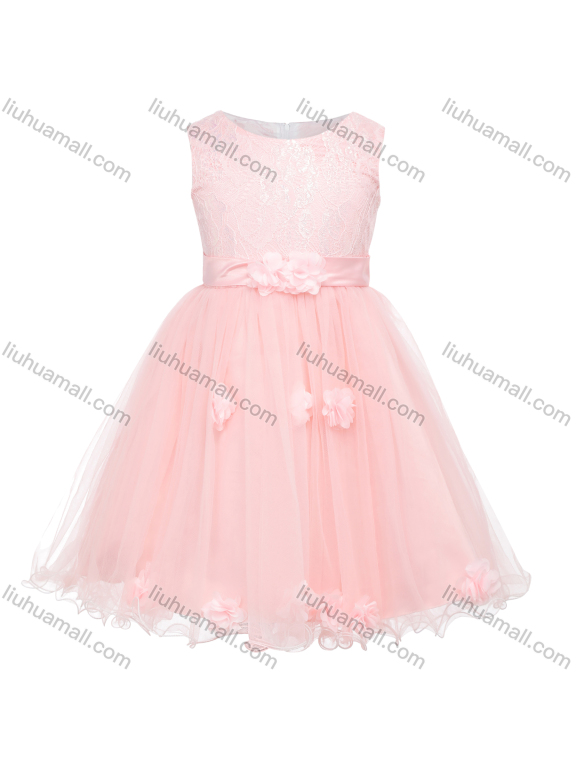 Wholesale Girls Sleeveless 3D Floral Appliques Belted Lace Flower Girl Dress